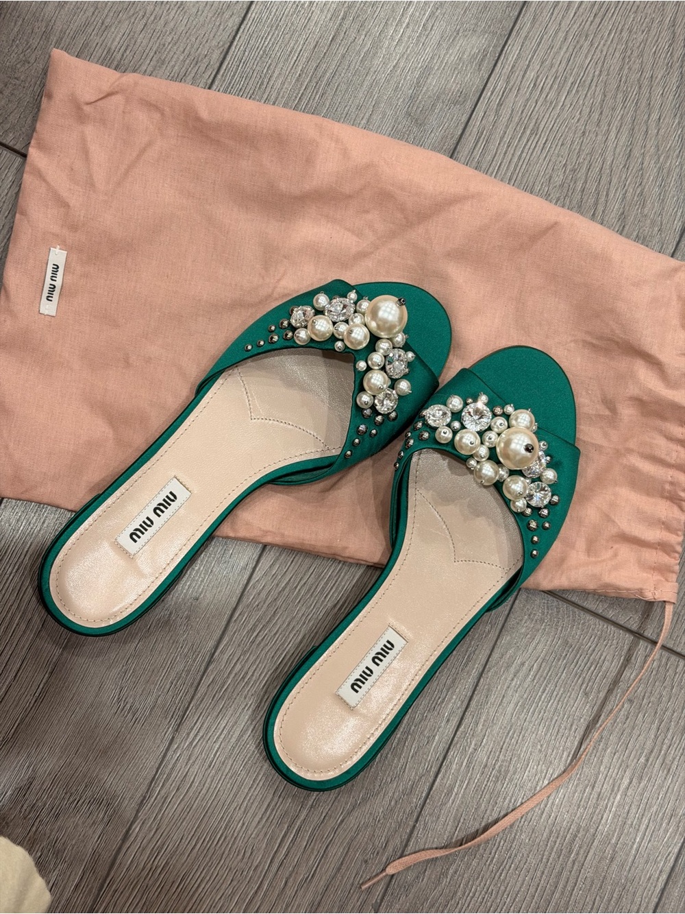 Miu Miu Emerald Green Jeweled Slide Sandals